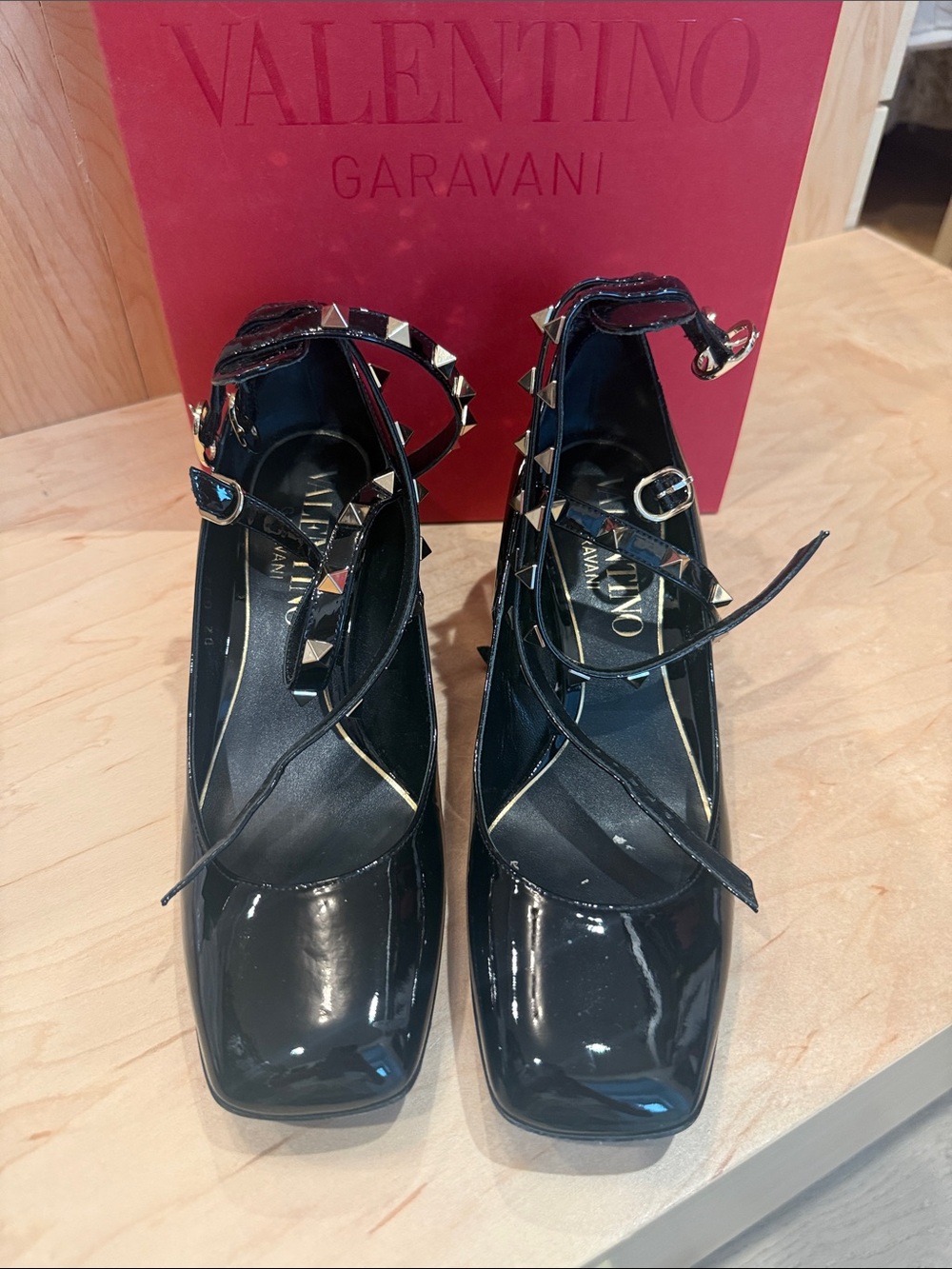 Valentino Black Patent Leather Rockstud Strappy Square-Toe Pump with box